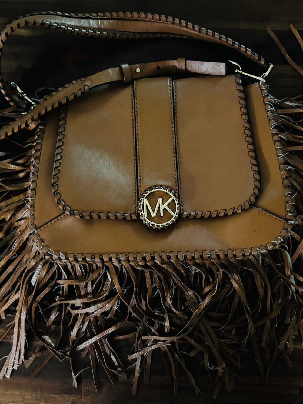 Michael Kors Brown Leather Fringe Crossbody with Gold MK Emblem